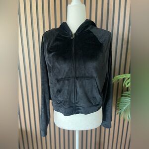 Victoria's Secret On Point Black Velour Full Zip Hooded Cropped Jacket - Size S